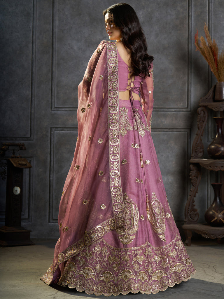 Stylish Mauve Embroidered Organza Reception Wear Lehenga Choli