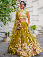 Ravishing Green Mirror Embroidered Net Reception Wear Lehenga Choli