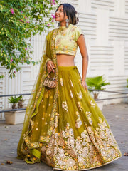 Ravishing Green Mirror Embroidered Net Reception Wear Lehenga Choli