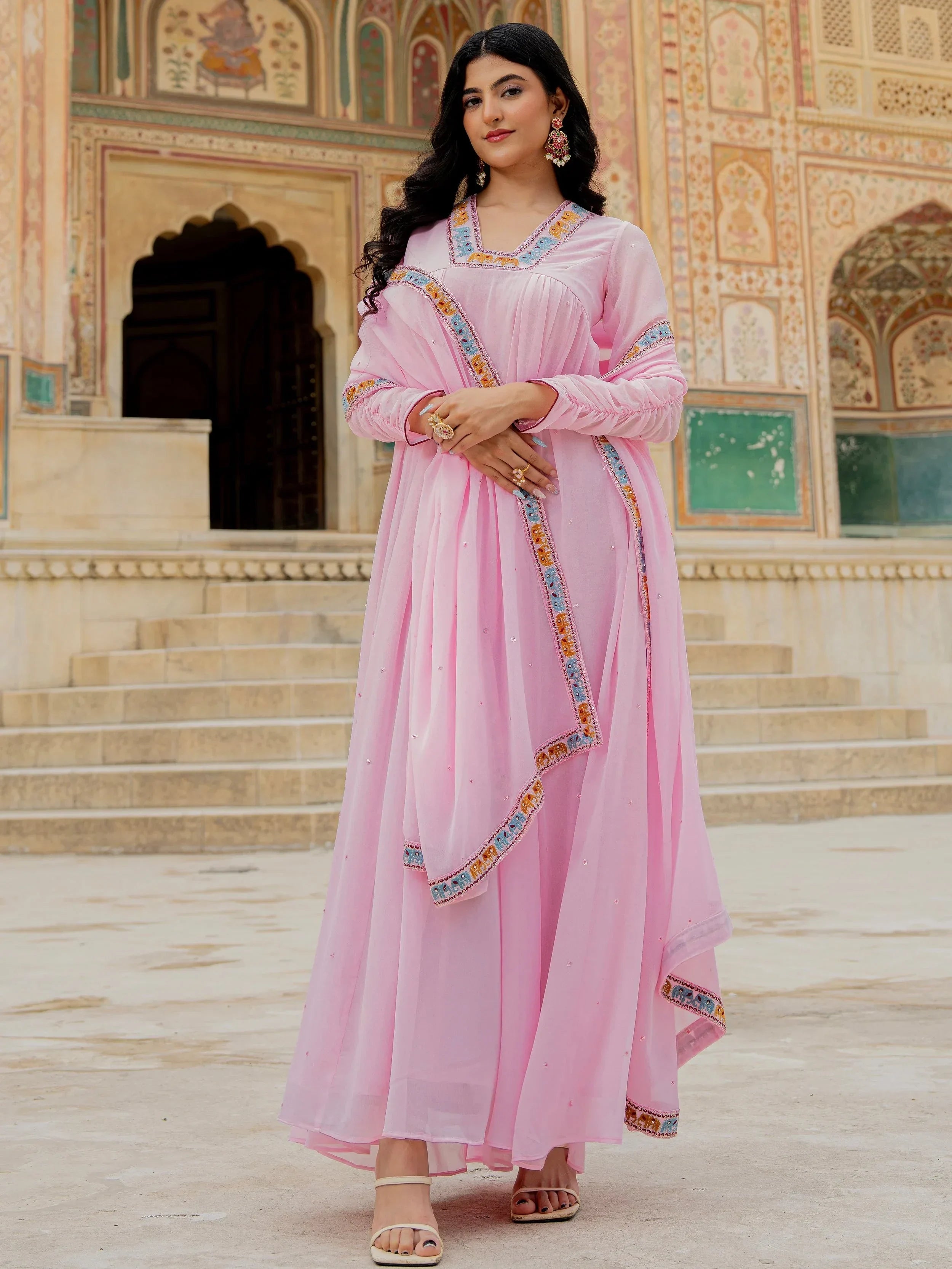Lovely Pink Embroidered Georgette Festival Wear Gown With Dupatta