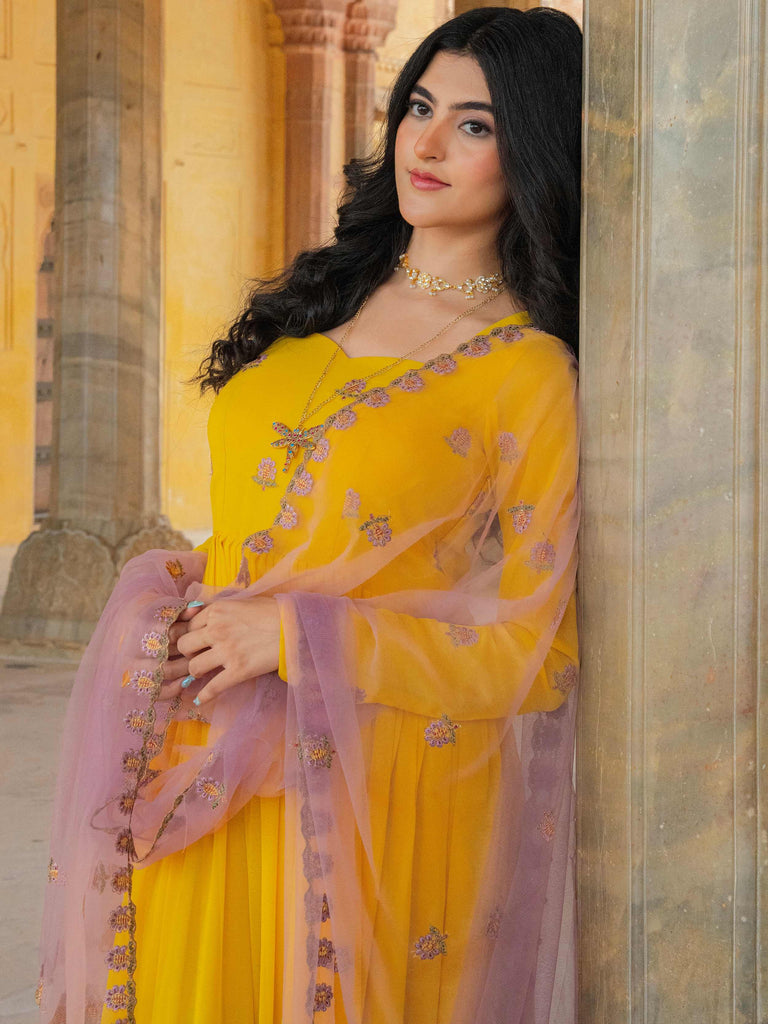 Wonderful Yellow Sequins Georgette Wedding Wear Gown With Dupatta