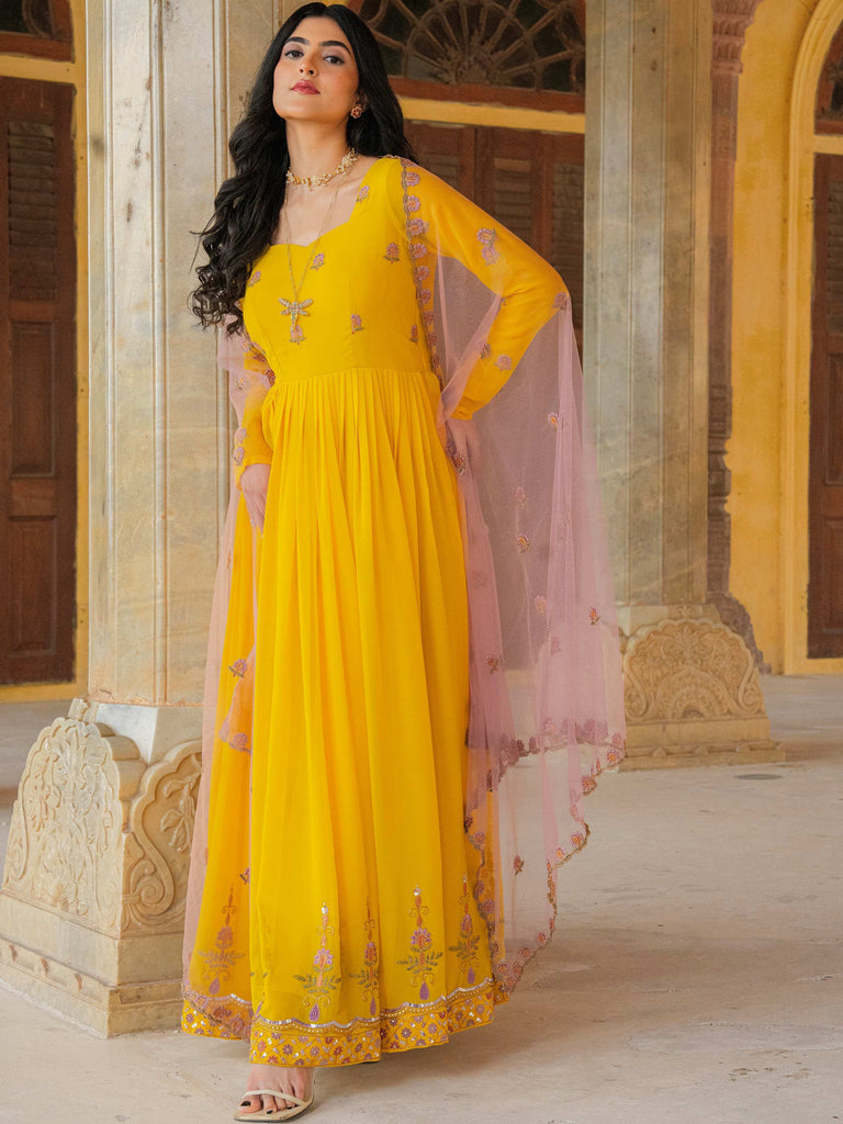 Wonderful Yellow Sequins Georgette Wedding Wear Gown With Dupatta