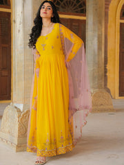 Wonderful Yellow Sequins Georgette Wedding Wear Gown With Dupatta