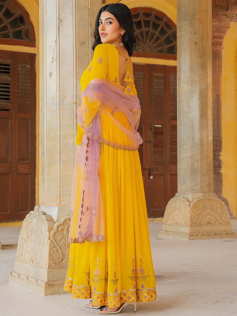 Wonderful Yellow Sequins Georgette Wedding Wear Gown With Dupatta