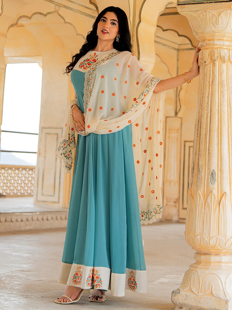 Beautiful Blue Embroidered Georgette Festive Wear Gown With Dupatta
