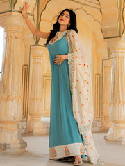 Beautiful Blue Embroidered Georgette Festive Wear Gown With Dupatta