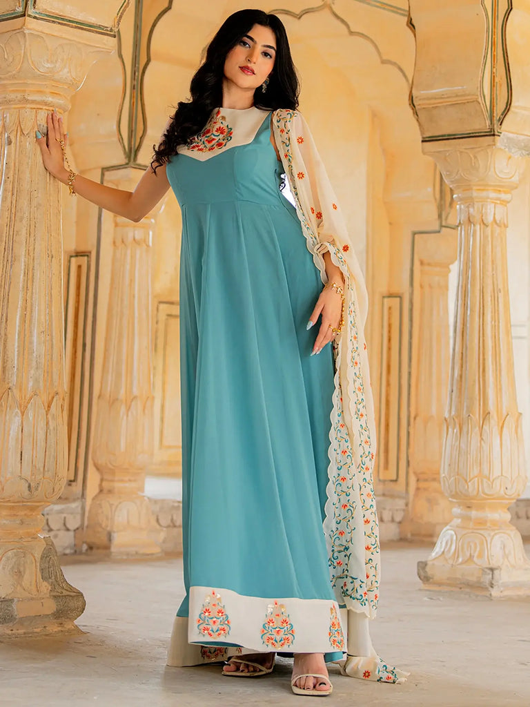 Beautiful Blue Embroidered Georgette Festive Wear Gown With Dupatta