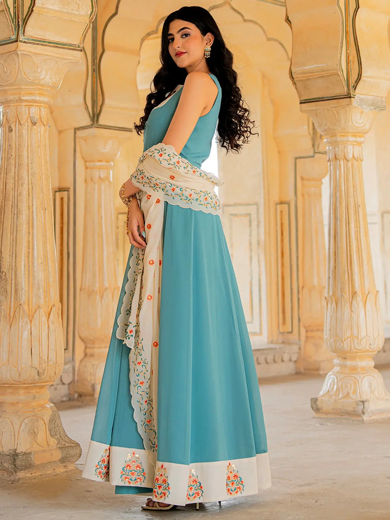 Beautiful Blue Embroidered Georgette Festive Wear Gown With Dupatta