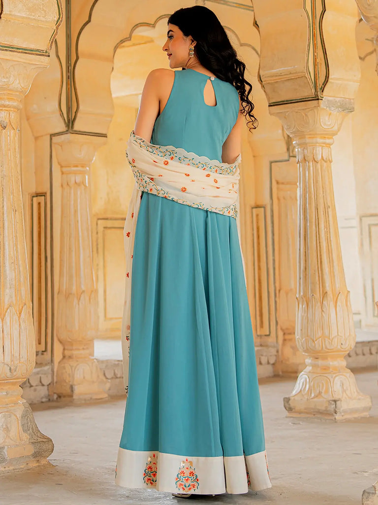 Beautiful Blue Embroidered Georgette Festive Wear Gown With Dupatta