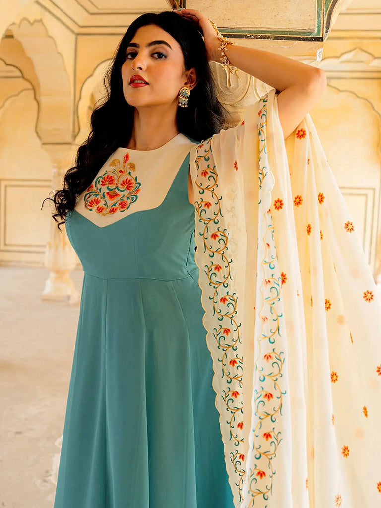 Beautiful Blue Embroidered Georgette Festive Wear Gown With Dupatta