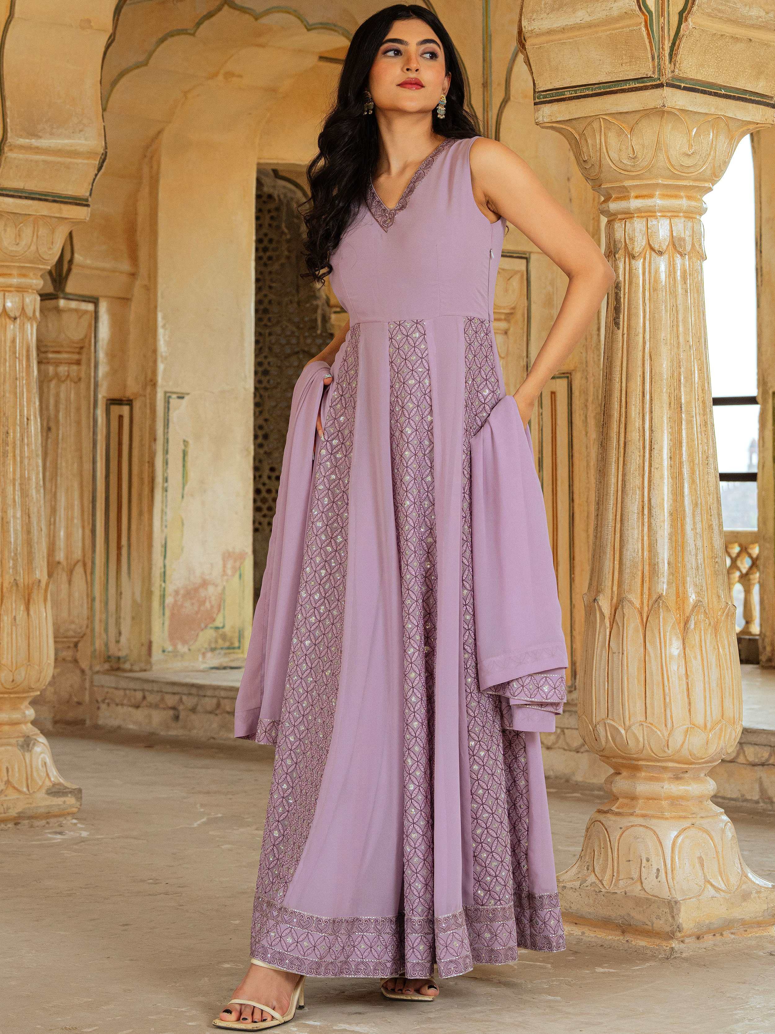 Dazzling Lavender Embroidered Georgette Festive Wear Gown With Dupatta