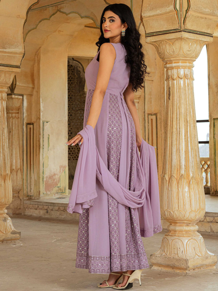 Dazzling Lavender Embroidered Georgette Festive Wear Gown With Dupatta