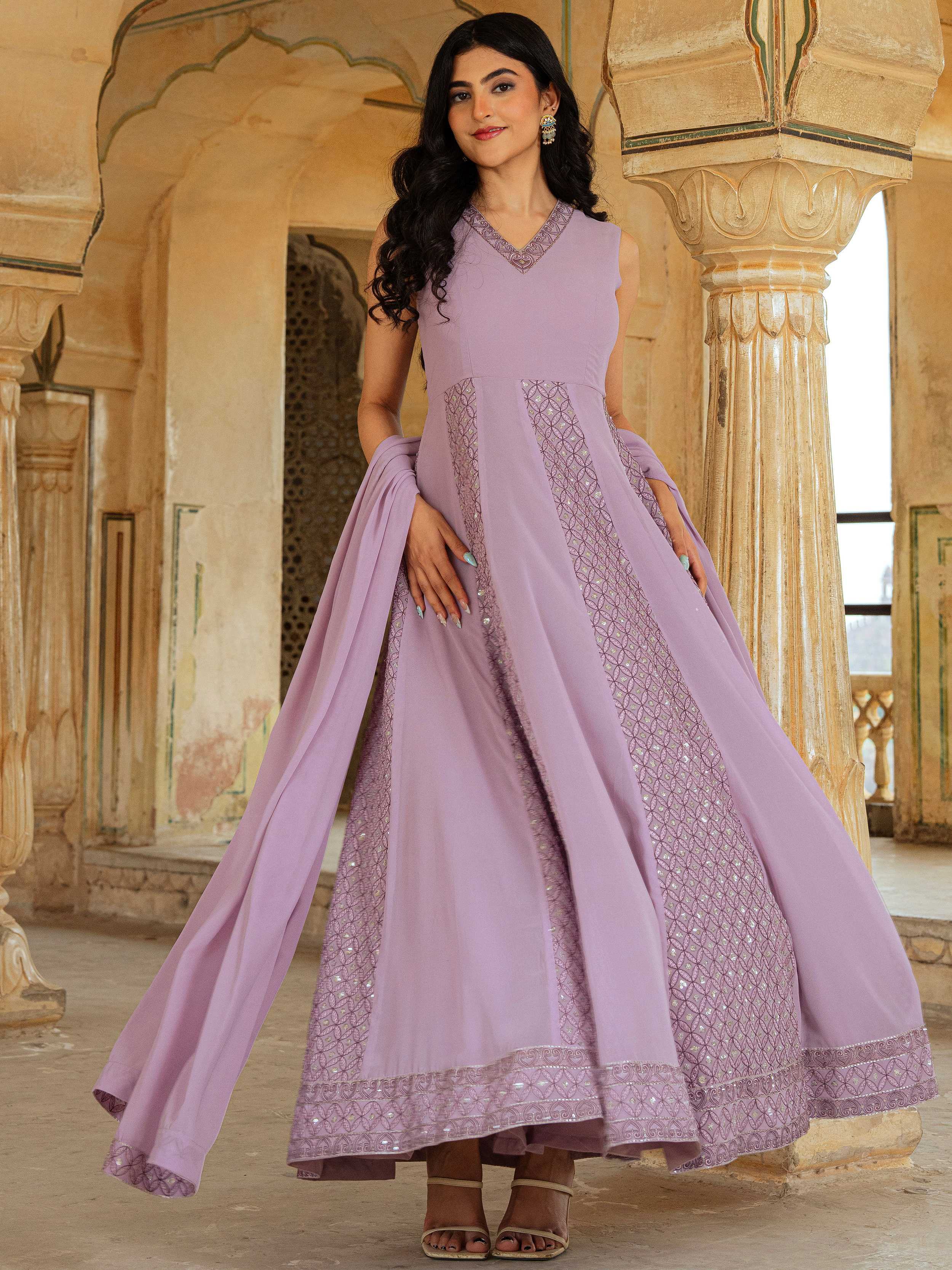 Dazzling Lavender Embroidered Georgette Festive Wear Gown With Dupatta