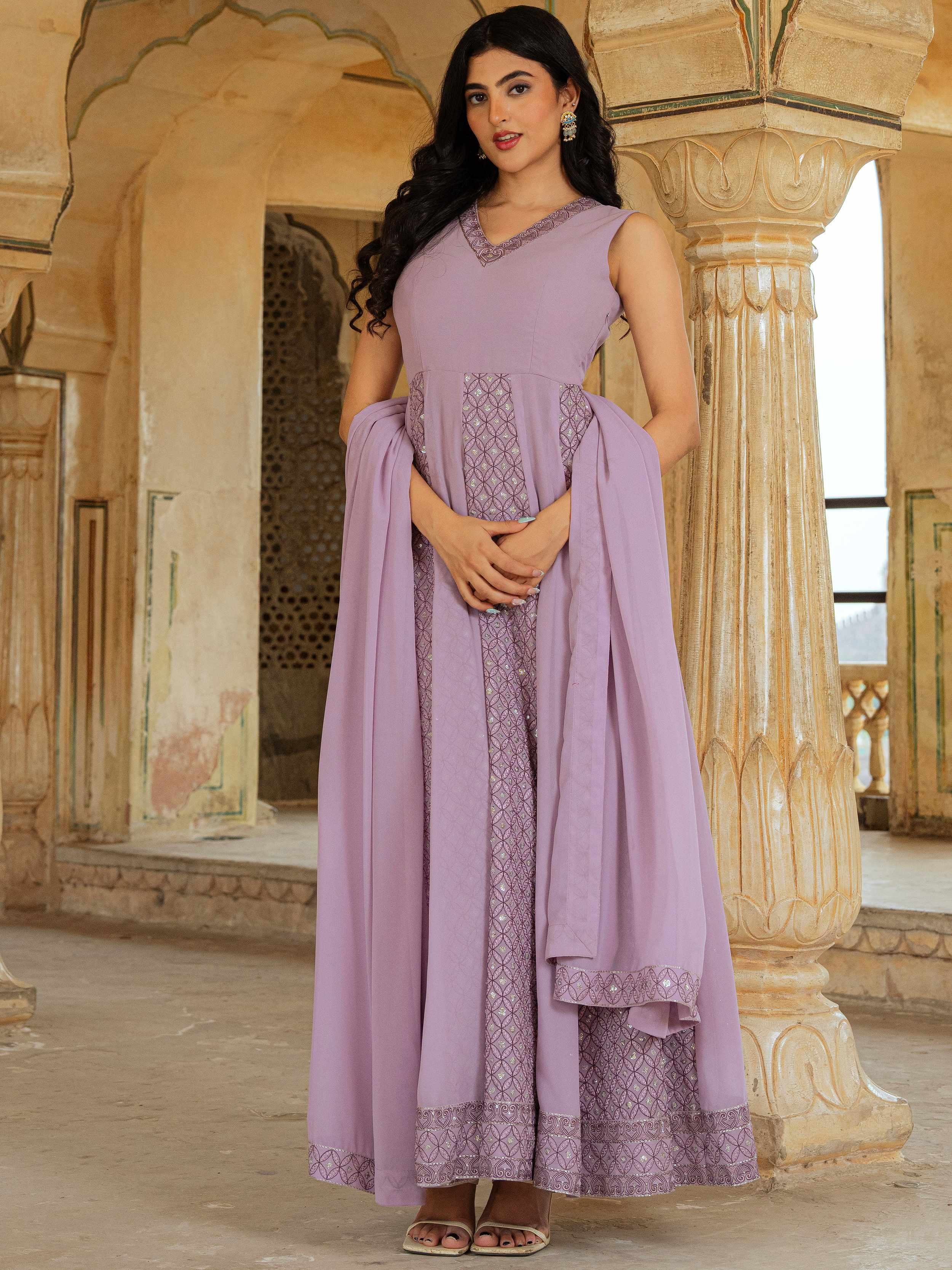 Dazzling Lavender Embroidered Georgette Festive Wear Gown With Dupatta