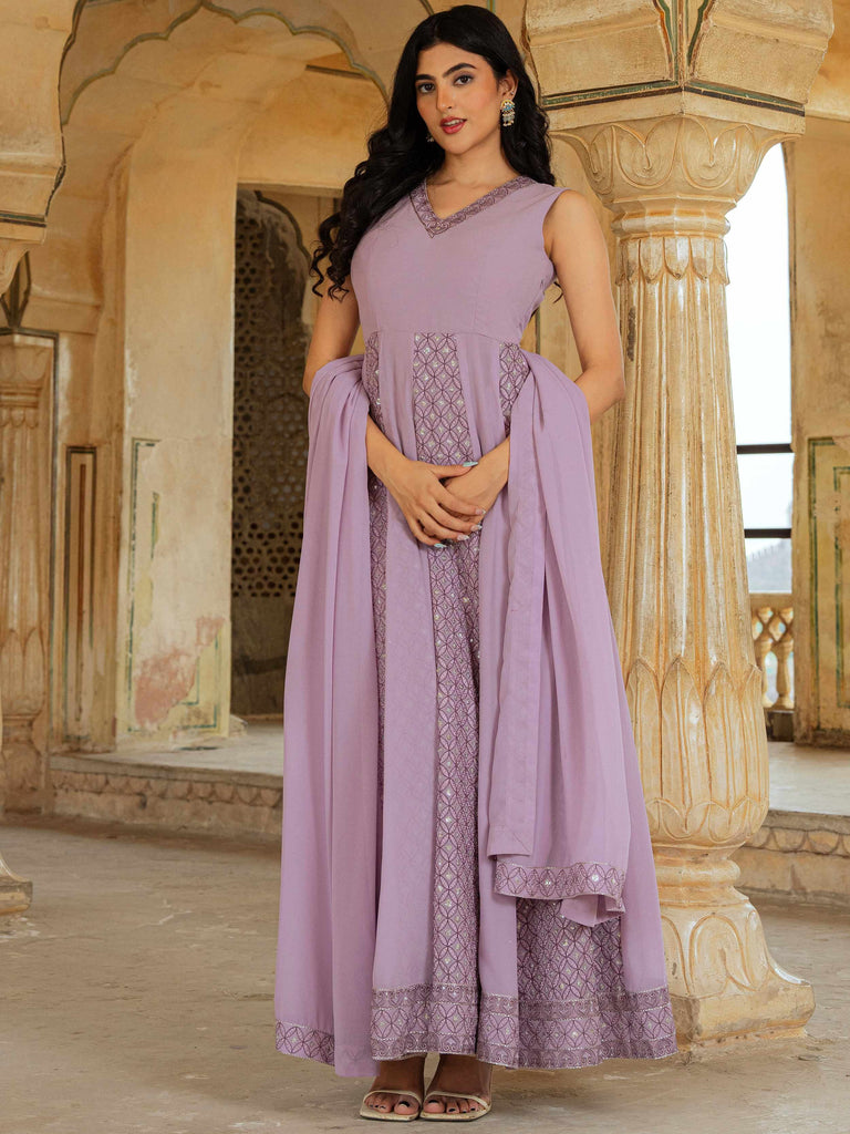 Dazzling Lavender Embroidered Georgette Festive Wear Gown With Dupatta