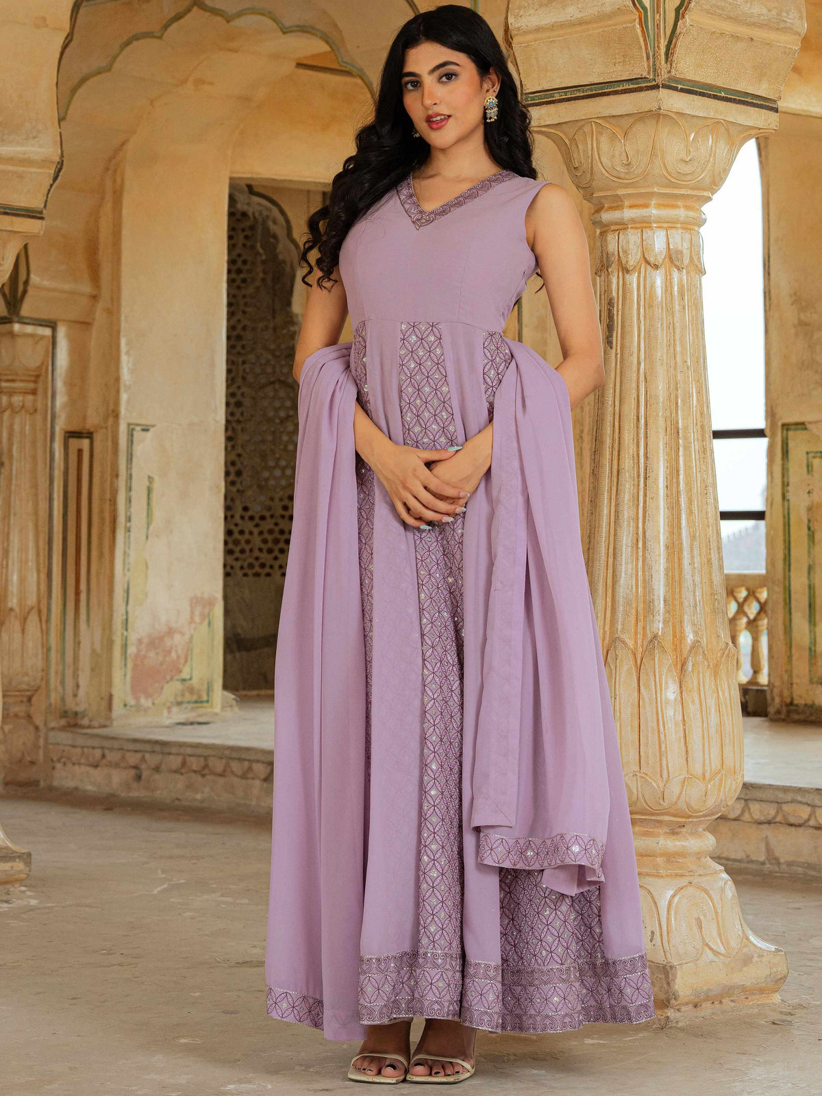 Dazzling Lavender Embroidered Georgette Festive Wear Gown With Dupatta