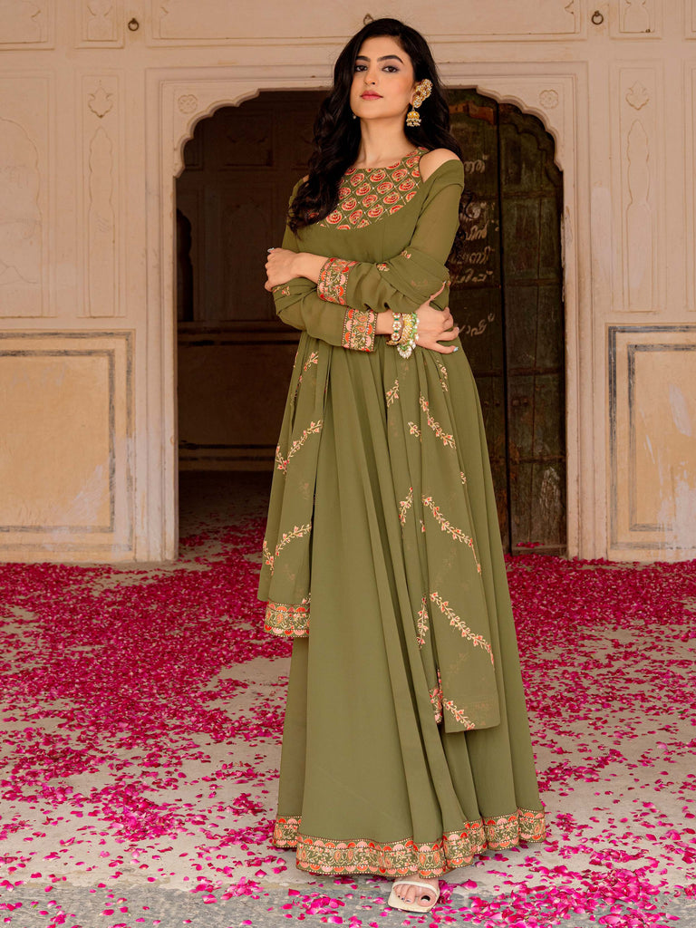 Adorable Green Embroidered Georgette Festival Wear Gown With Dupatta