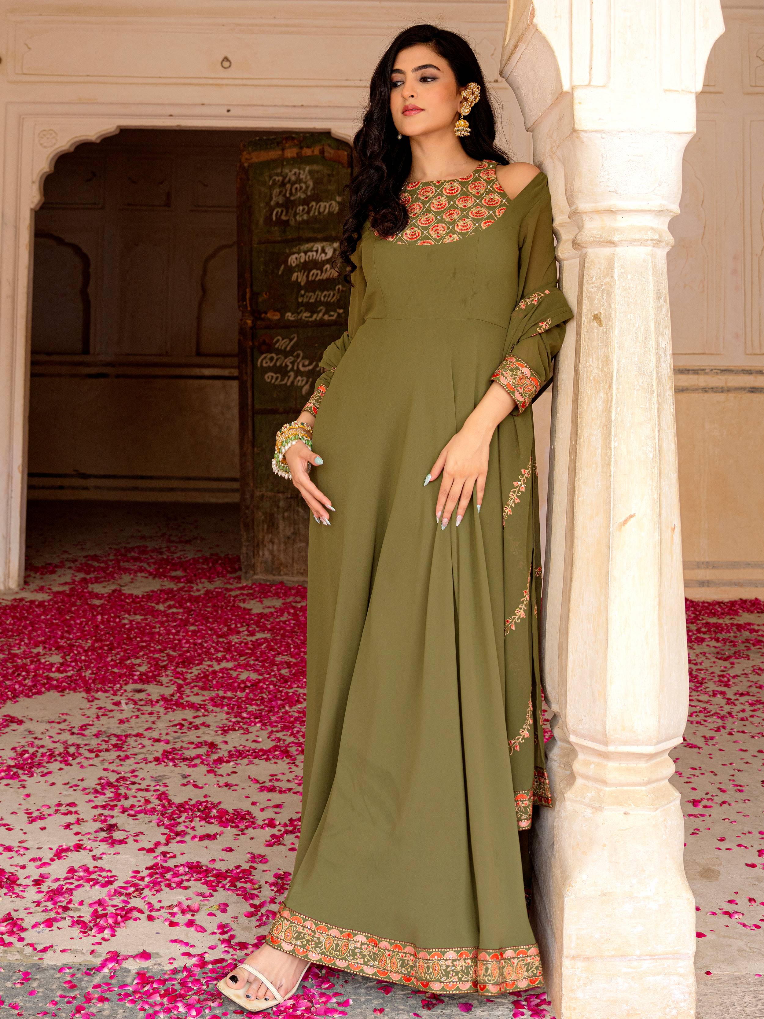 Adorable Green Embroidered Georgette Festival Wear Gown With Dupatta