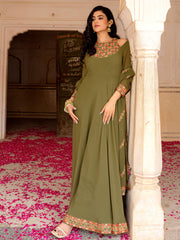 Adorable Green Embroidered Georgette Festival Wear Gown With Dupatta