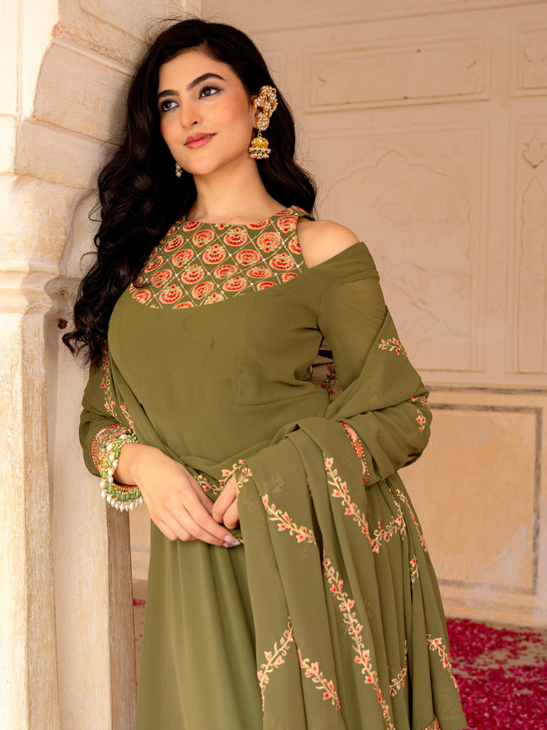 Adorable Green Embroidered Georgette Festival Wear Gown With Dupatta