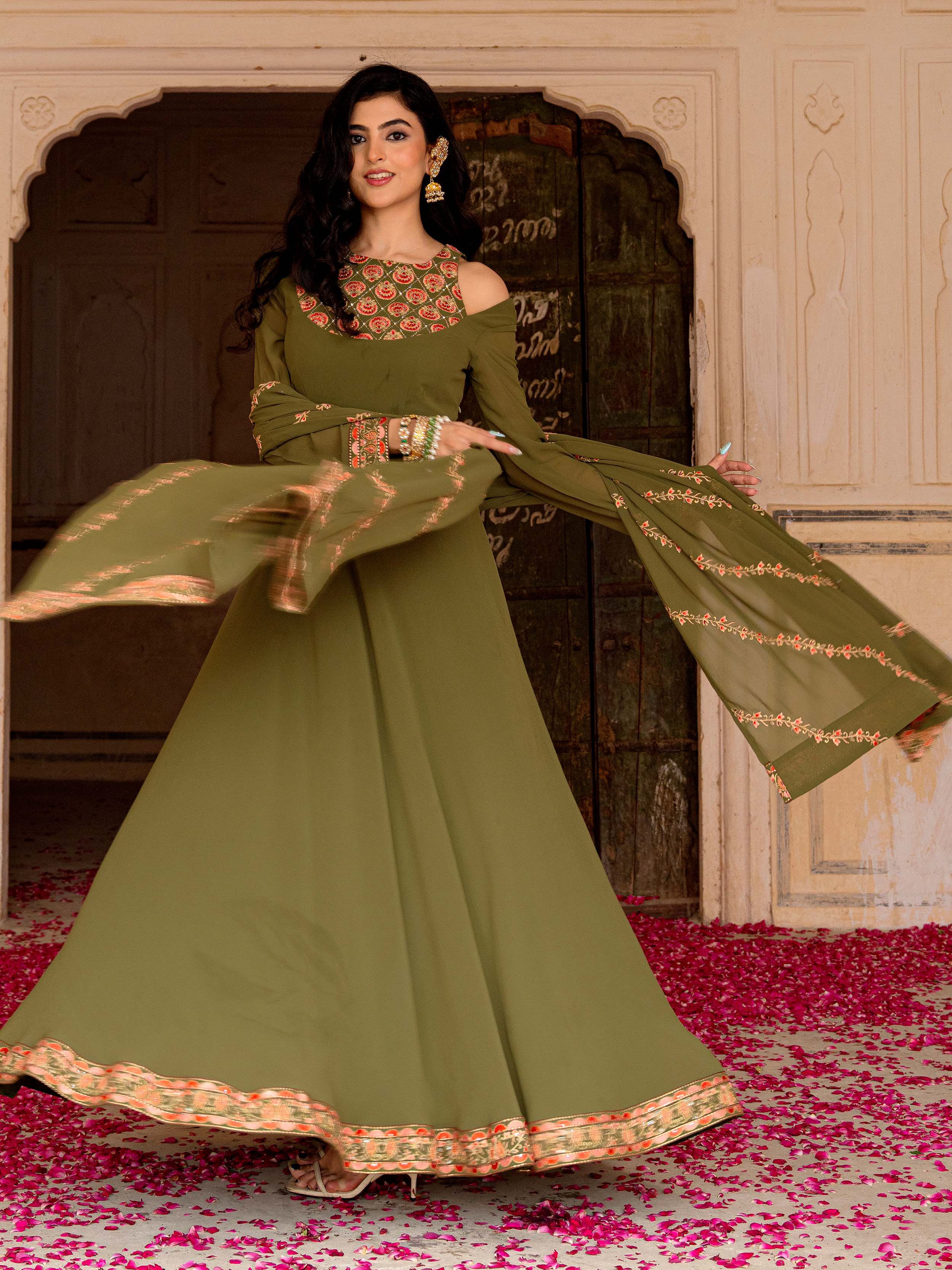 Adorable Green Embroidered Georgette Festival Wear Gown With Dupatta