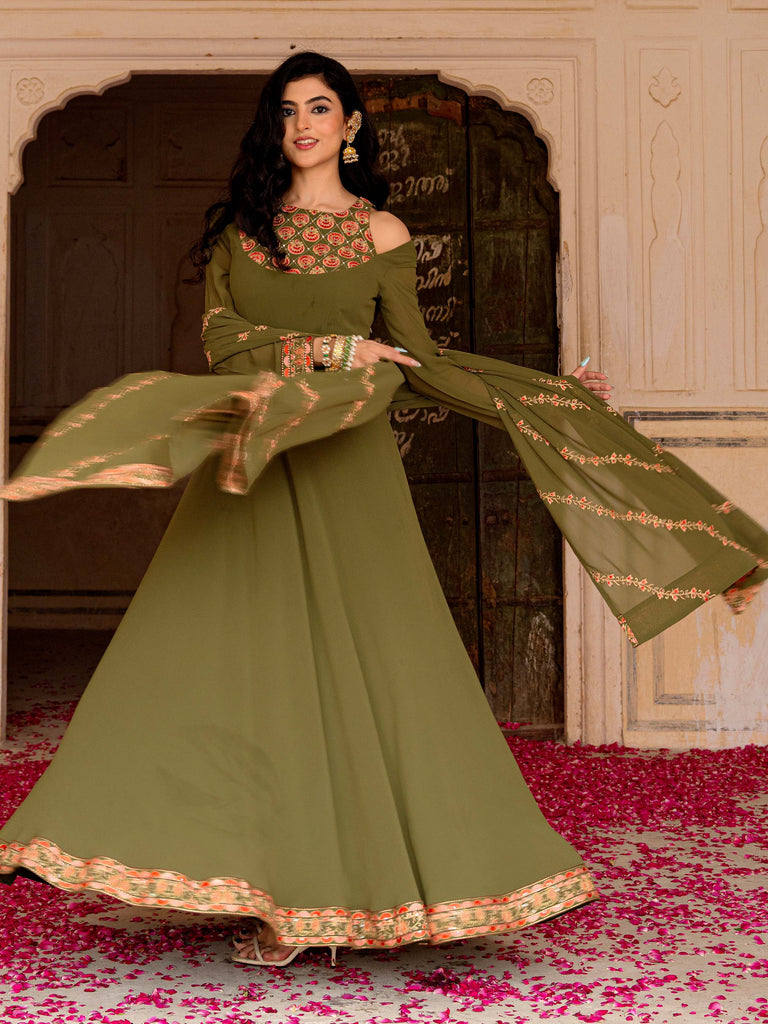 Adorable Green Embroidered Georgette Festival Wear Gown With Dupatta