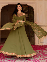 Adorable Green Embroidered Georgette Festival Wear Gown With Dupatta
