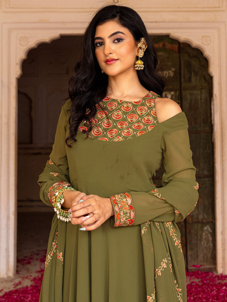 Adorable Green Embroidered Georgette Festival Wear Gown With Dupatta