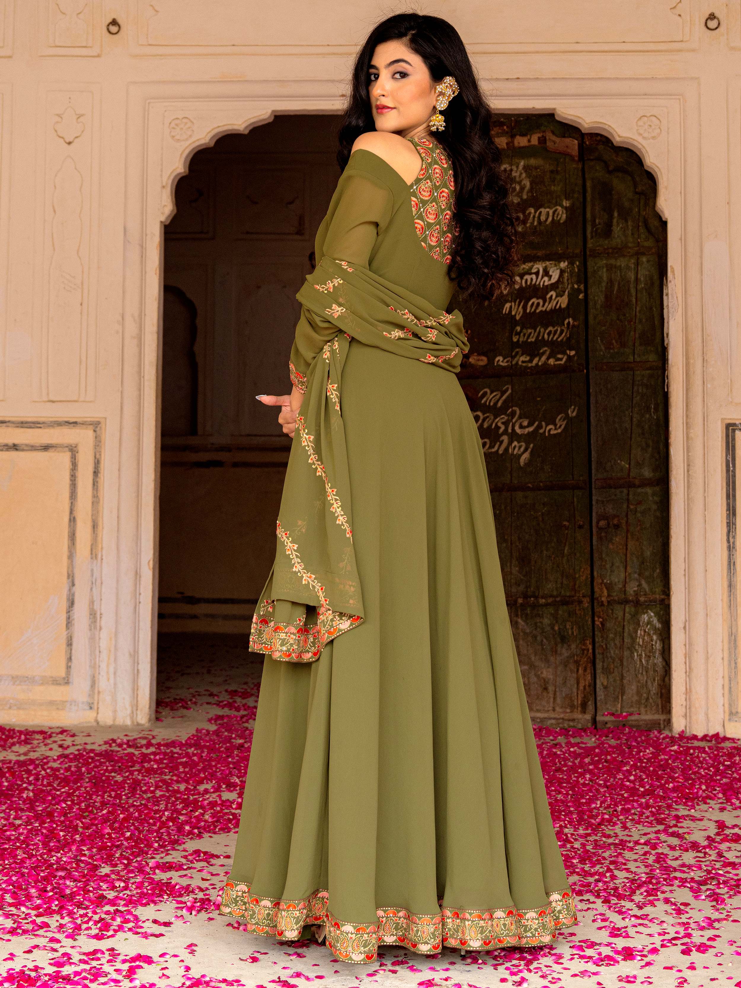 Adorable Green Embroidered Georgette Festival Wear Gown With Dupatta
