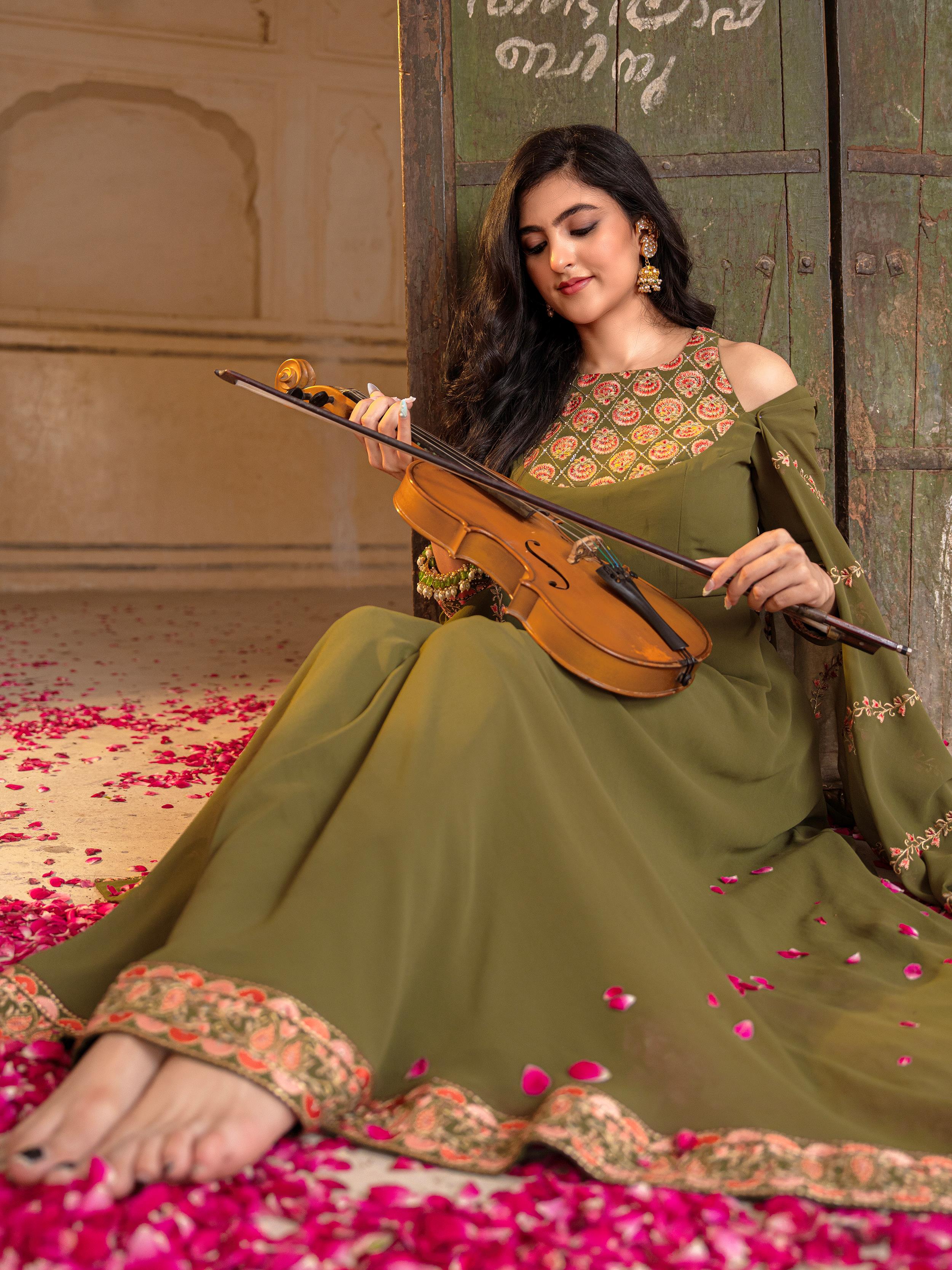 Adorable Green Embroidered Georgette Festival Wear Gown With Dupatta