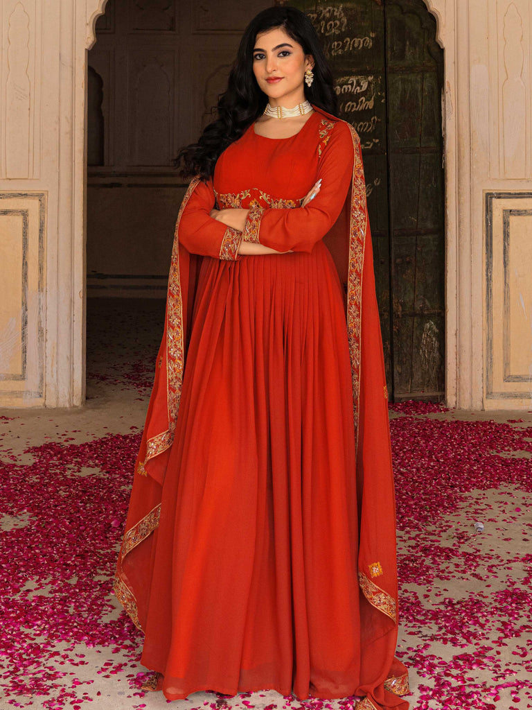 Glamorous Orange Embroidered Georgette Festive Wear Gown With Dupatta