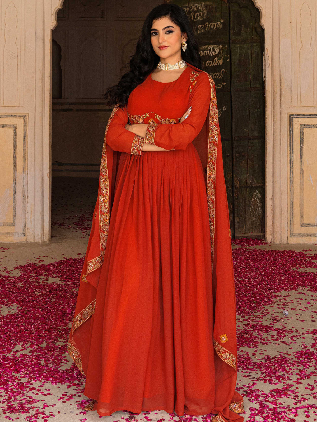 Glamorous Orange Embroidered Georgette Festive Wear Gown With Dupatta