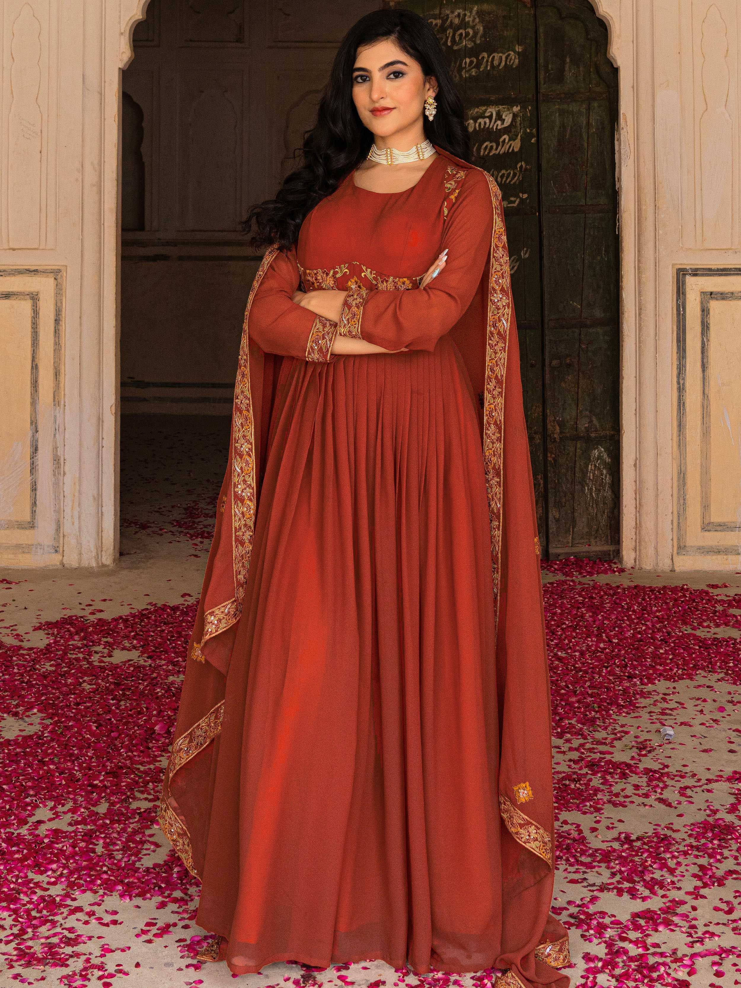 Glamorous Orange Embroidered Georgette Festive Wear Gown With Dupatta