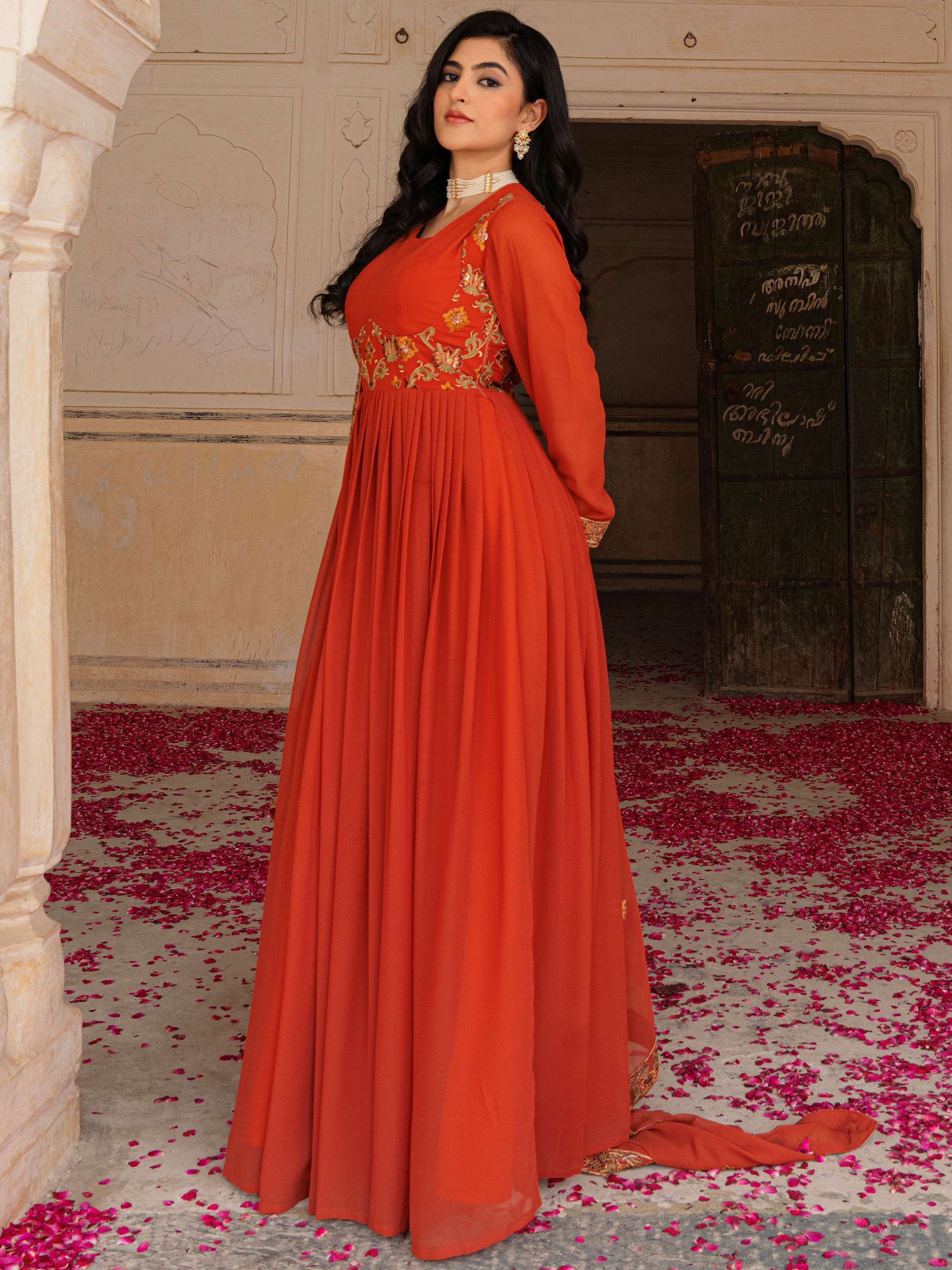 Glamorous Orange Embroidered Georgette Festive Wear Gown With Dupatta