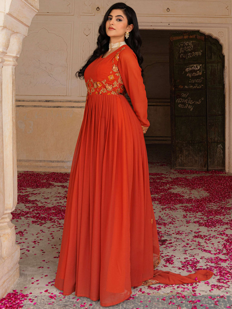 Glamorous Orange Embroidered Georgette Festive Wear Gown With Dupatta