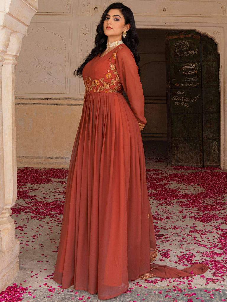 Glamorous Orange Embroidered Georgette Festive Wear Gown With Dupatta