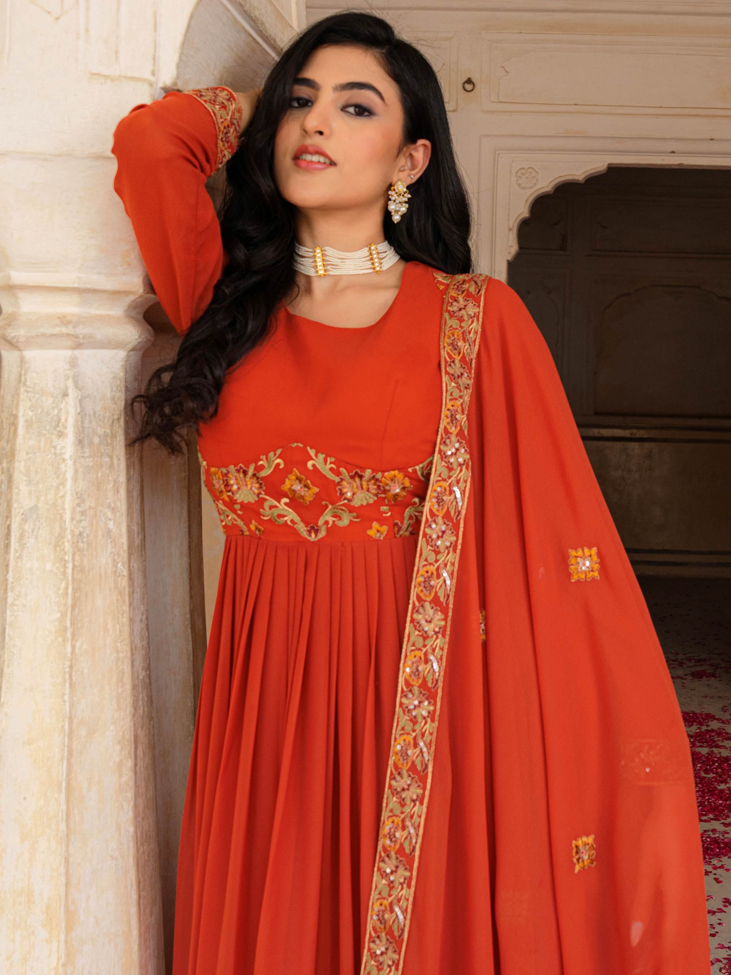 Glamorous Orange Embroidered Georgette Festive Wear Gown With Dupatta