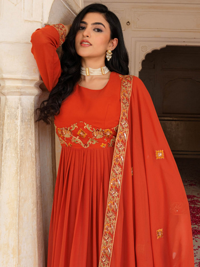Glamorous Orange Embroidered Georgette Festive Wear Gown With Dupatta