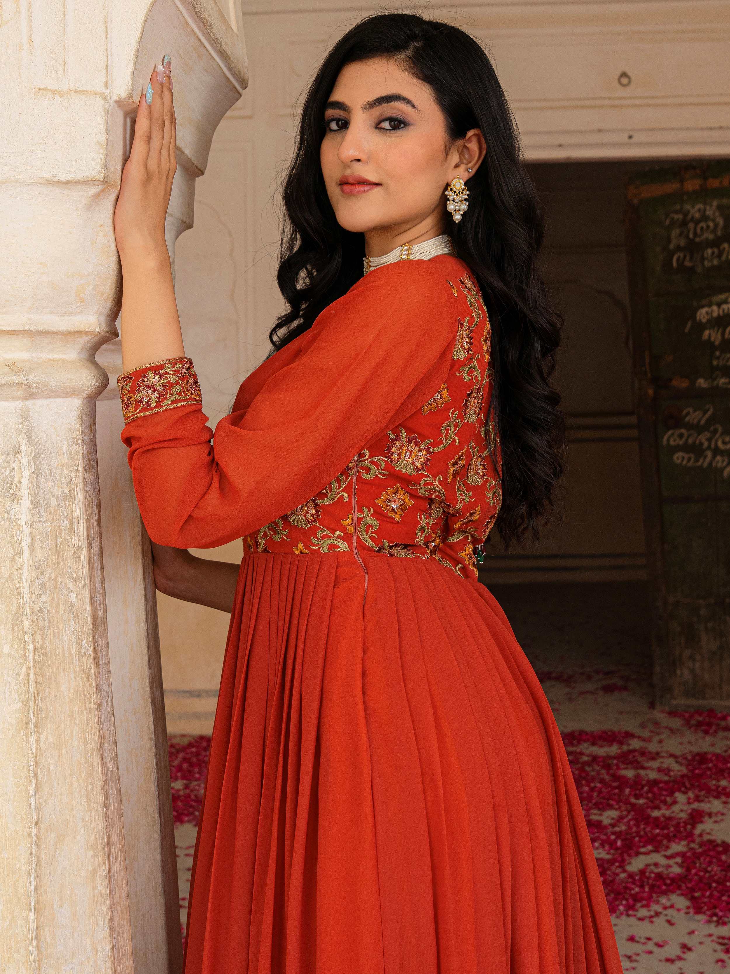 Glamorous Orange Embroidered Georgette Festive Wear Gown With Dupatta