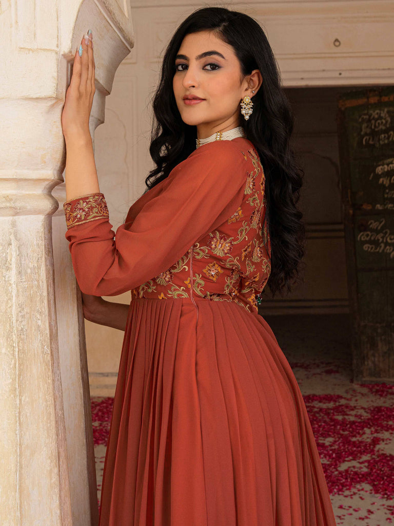 Glamorous Orange Embroidered Georgette Festive Wear Gown With Dupatta