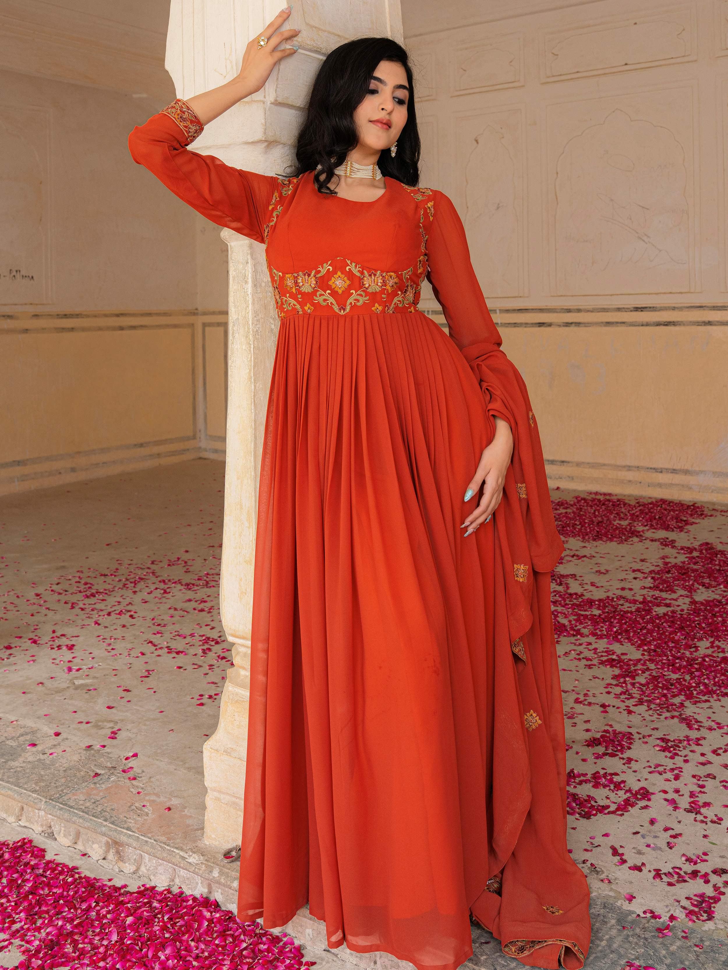 Glamorous Orange Embroidered Georgette Festive Wear Gown With Dupatta