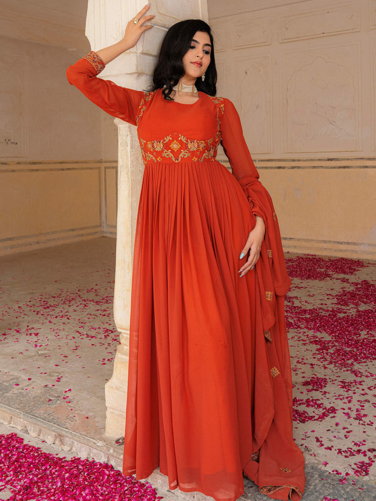 Glamorous Orange Embroidered Georgette Festive Wear Gown With Dupatta