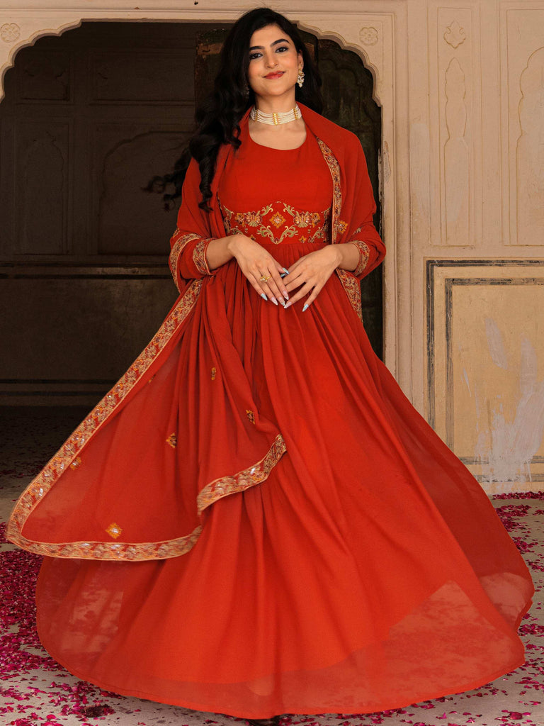 Glamorous Orange Embroidered Georgette Festive Wear Gown With Dupatta