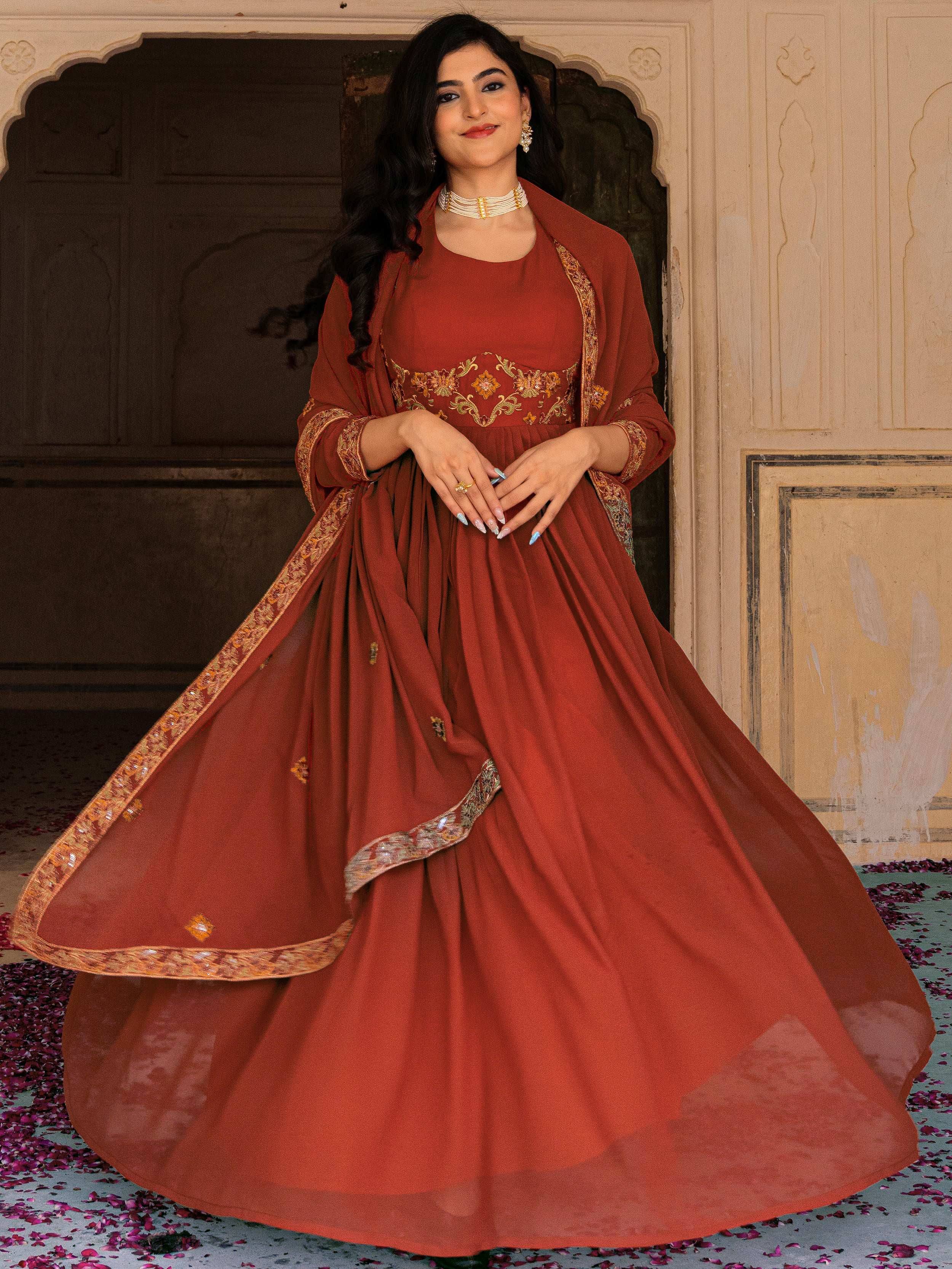Glamorous Orange Embroidered Georgette Festive Wear Gown With Dupatta