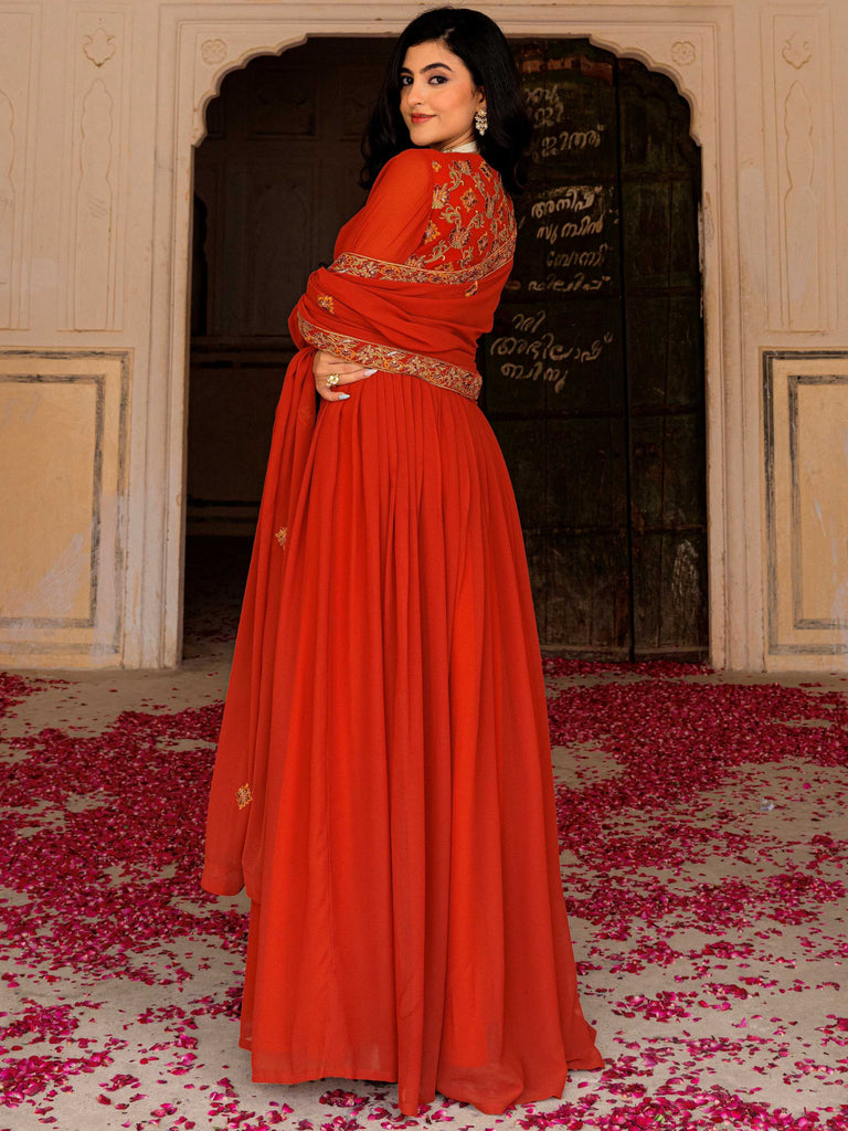 Glamorous Orange Embroidered Georgette Festive Wear Gown With Dupatta
