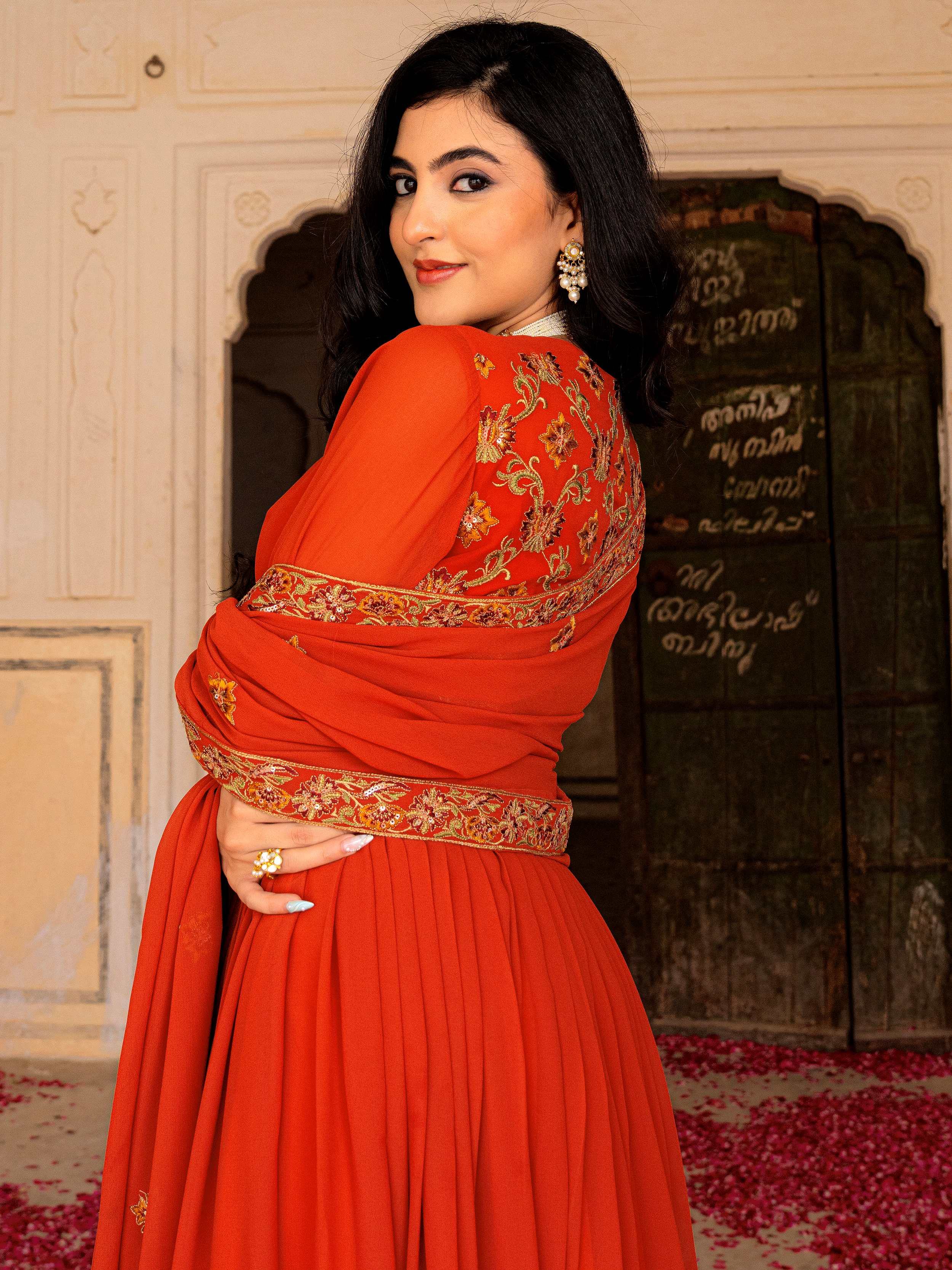 Glamorous Orange Embroidered Georgette Festive Wear Gown With Dupatta
