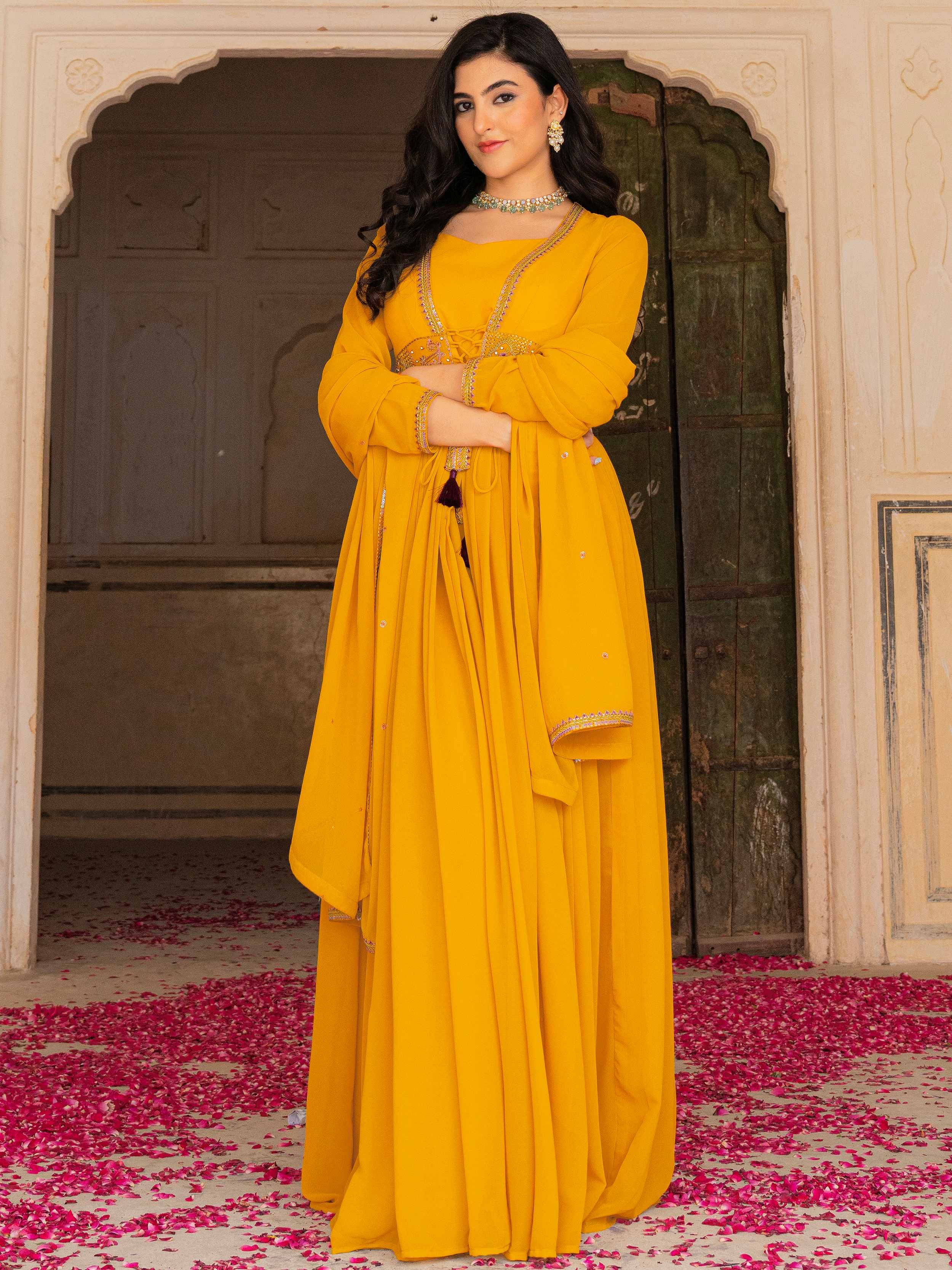Stunning Yellow Embroidered Georgette Haldi Wear Gown With Dupatta