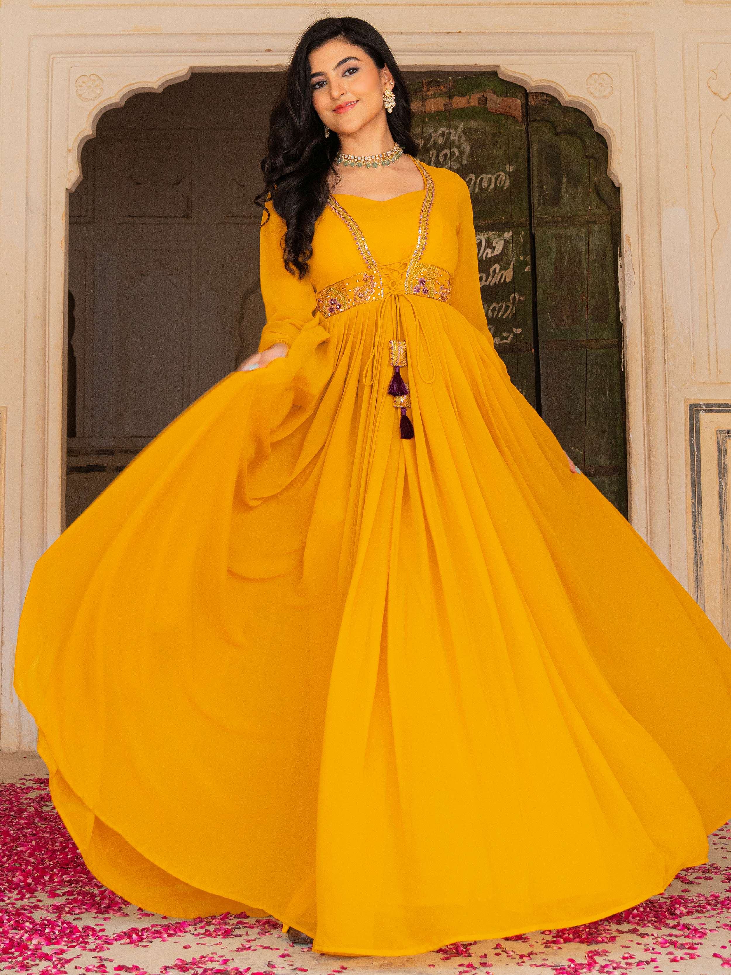 Stunning Yellow Embroidered Georgette Haldi Wear Gown With Dupatta