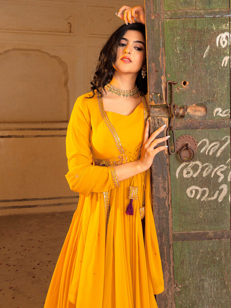 Stunning Yellow Embroidered Georgette Haldi Wear Gown With Dupatta