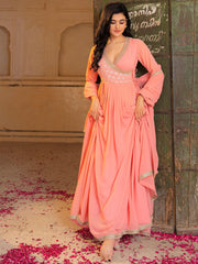 Impressive Peach Sequins Georgette Function Wear Gown With Dupatta